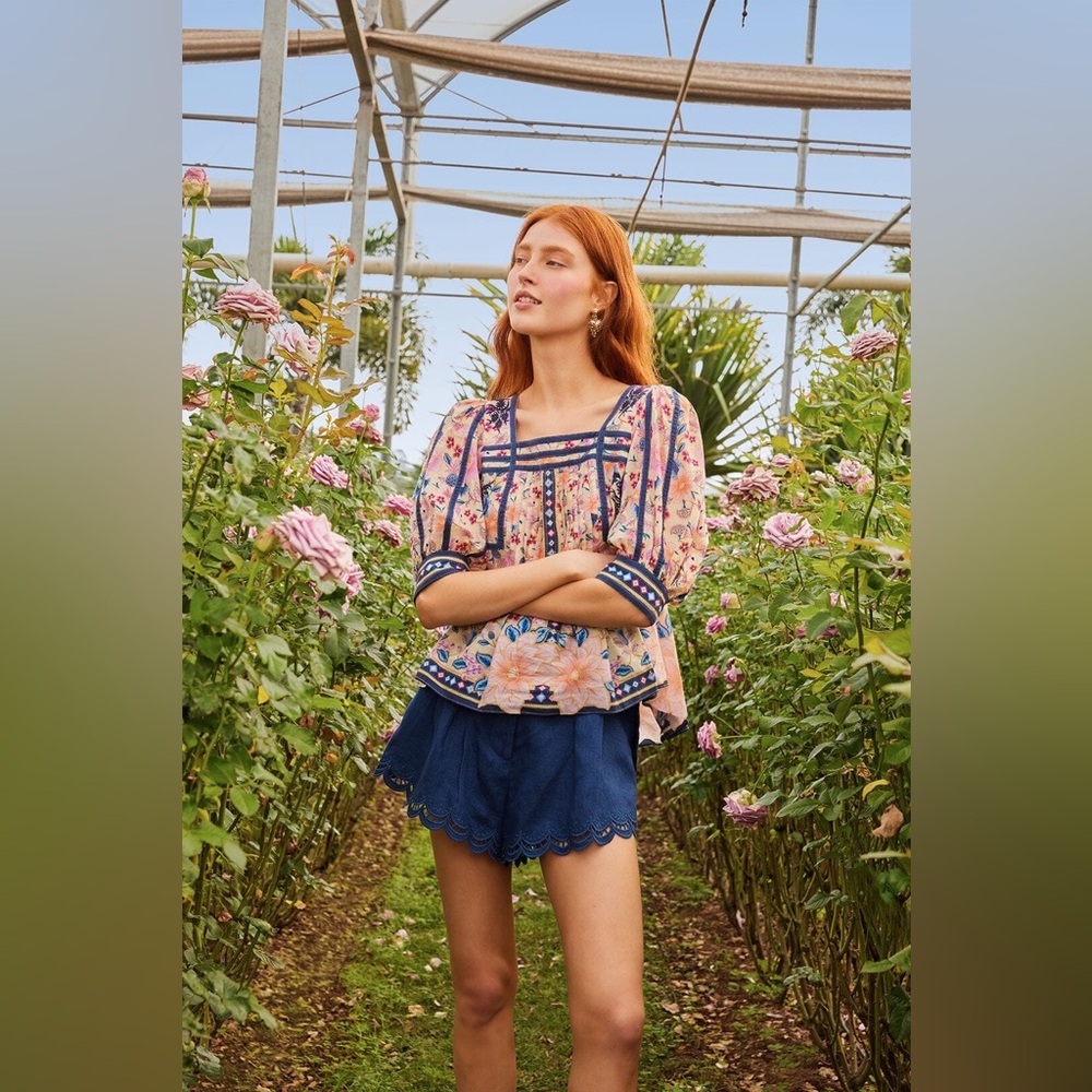 NWT FARM RIO Superbloom Tapestry Puff Sleeve Blouse | XXS